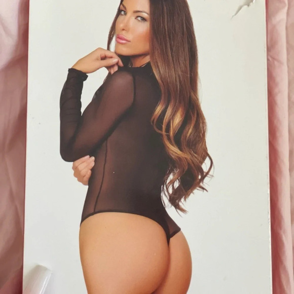 Black Lace-Up Long Sleeve Mesh Bodysuit Sz M/L Plunge Thong Back Sheer NEW - Picture 4 of 6